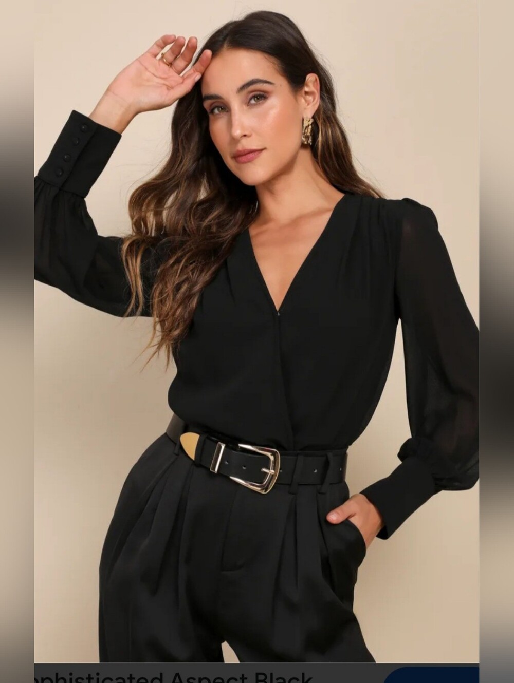 NWT Lulu's Black Surplice Long-Sleeve Bodysuit with Cuffed Wrists